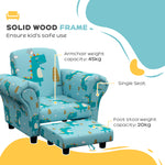 2 Piece Kids Sofa Set With Dinosaur Design, Wooden Frame, For 1.5-3 Years Old, Blue