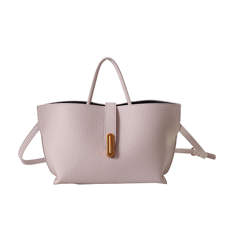 PU bucket tote with zipper, top handle and shoulder strap, light beige