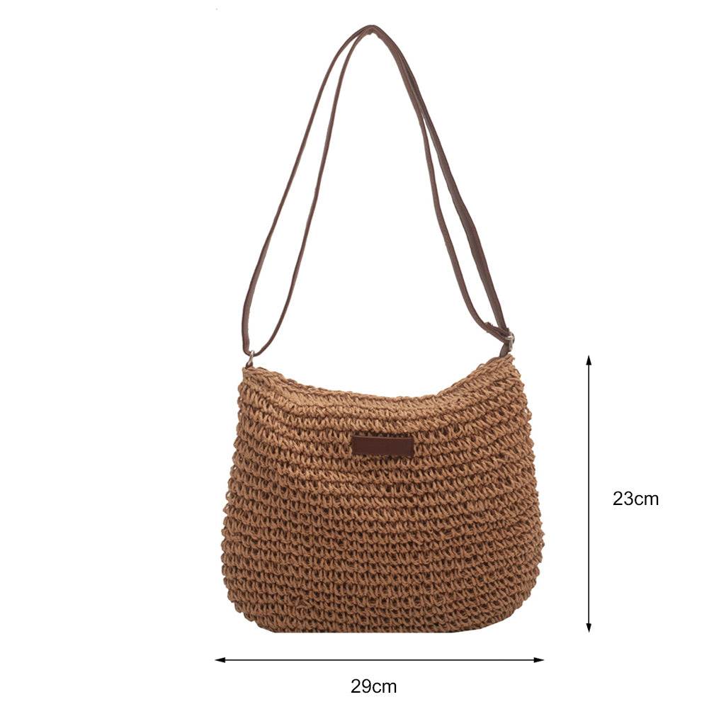 Brown woven straw shoulder tote with dark brown trim, zipper top; size markings shown