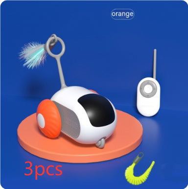 Interactive cat chase car toy with orange base, antenna remote, and feather brushes
