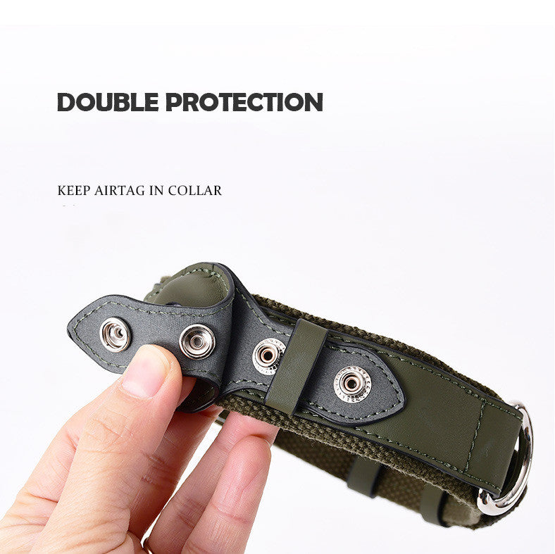 Olive green leather pet collar tracker with protective pouch and button-style fasteners