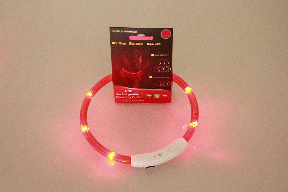 USB rechargeable flashing LED pet collar on display with red light ring