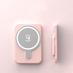 Pink mini magnetic wireless power bank with charging icon, front view and side edge