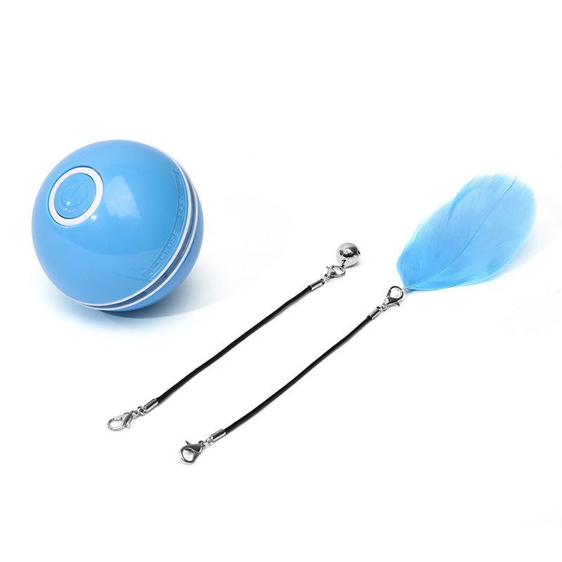 Blue LED rolling cat toy ball with black tether straps and blue feather