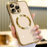 MagSafe phone case with magnetic lens cover ring, beige back with gold camera frame
