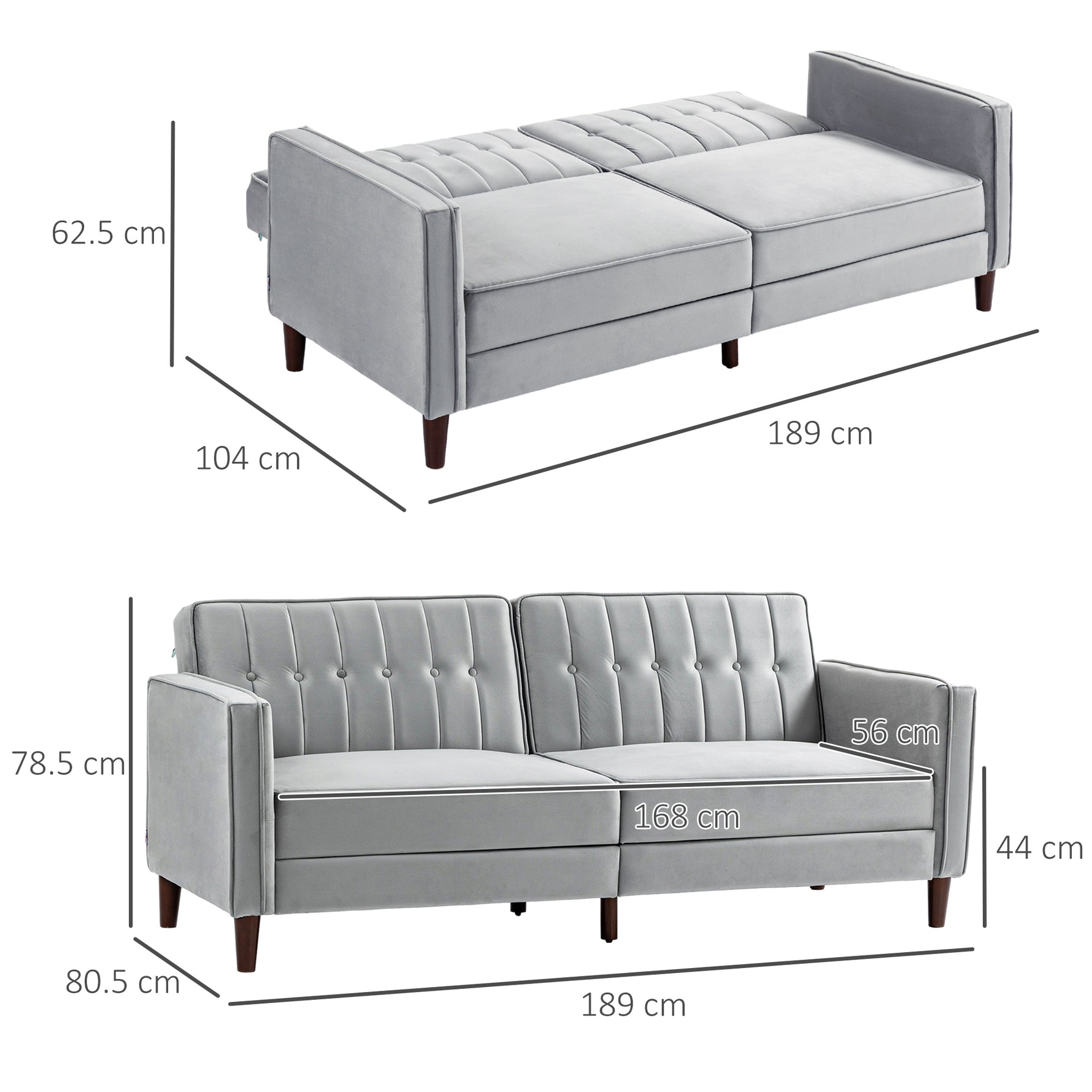 Modern Convertible Sofa Futon Velvet-Touch Tufted Couch Compact Loveseat With Adjustable Split Back, Light Grey
