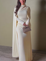 Ivory pleated maxi dress with long sleeves and draped neckline, front view