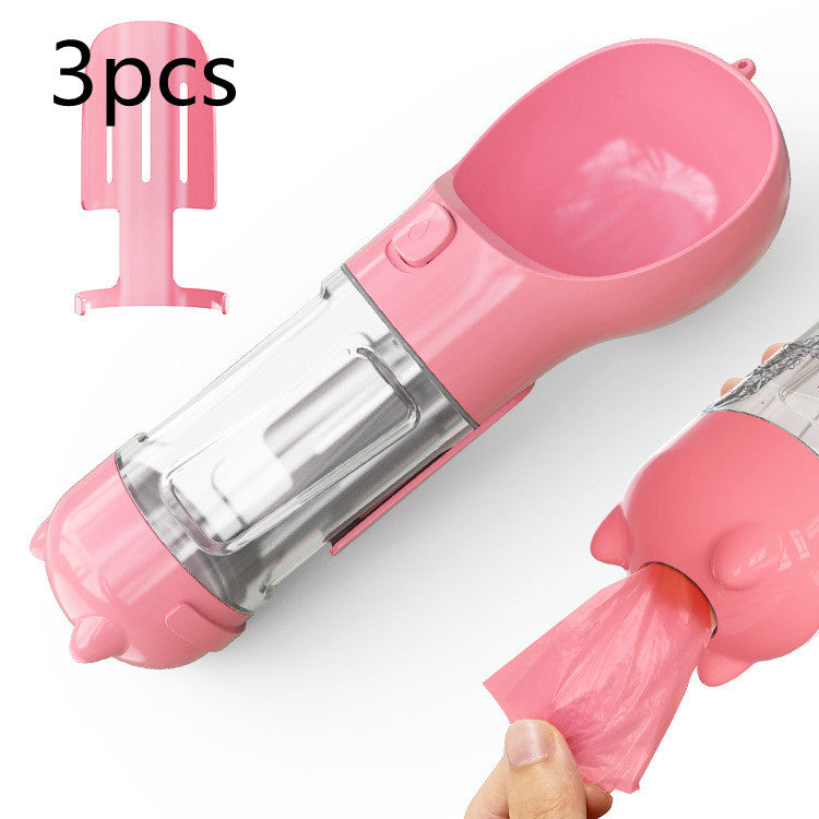 Portable pet water bottle feeder bowl set: pink with clear bottle and bag dispenser