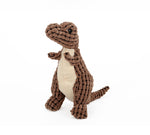 Plush dinosaur dog toy, brown with white belly and textured scale fabric