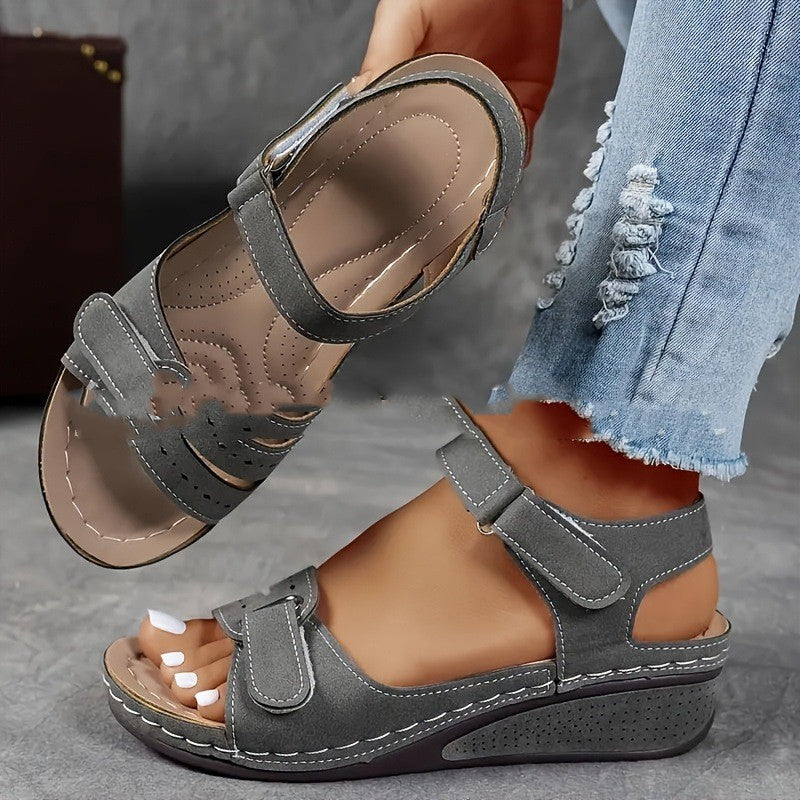 Thick-sole velcro strap sandals, gray with open toe and adjustable front strap