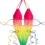 Ruched one-piece bikini swimsuit front with triangle cups and multicolor drawstring straps