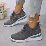 Women's rhinestone wedge sneakers, charcoal gray knit lace-up with jeweled geometric pattern