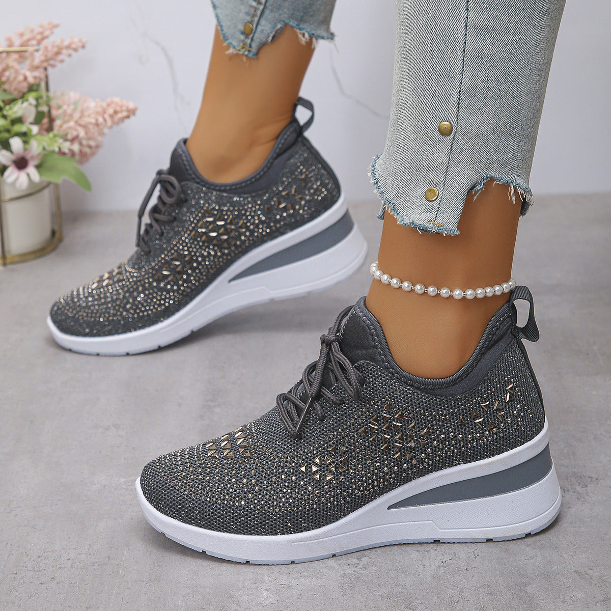 Women's rhinestone wedge sneakers, charcoal gray knit lace-up with jeweled geometric pattern