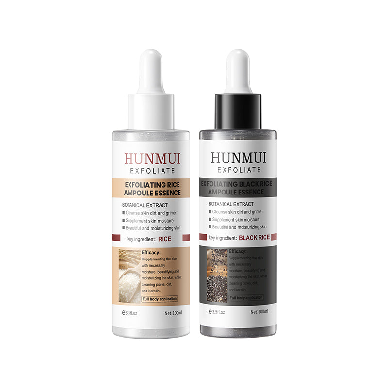 HUNMUI exfoliating rice ampoule pair: white and black dropper bottles