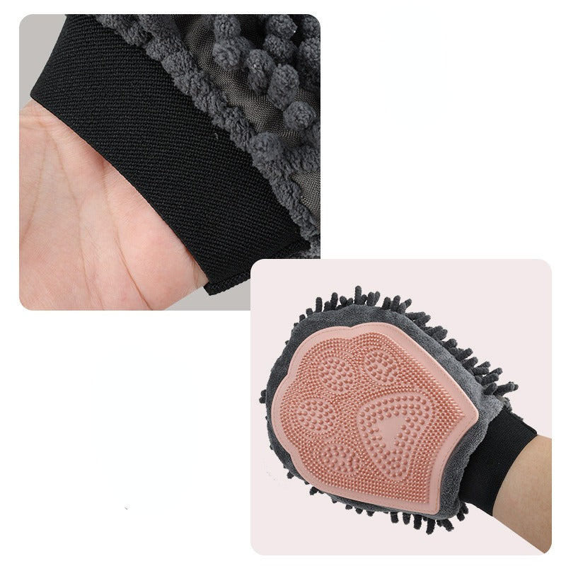2-in-1 pet grooming glove with pink silicone nubs and black wrist strap