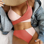 Ribbed patchwork bikini set with ruched high-waist bottoms and triangle top