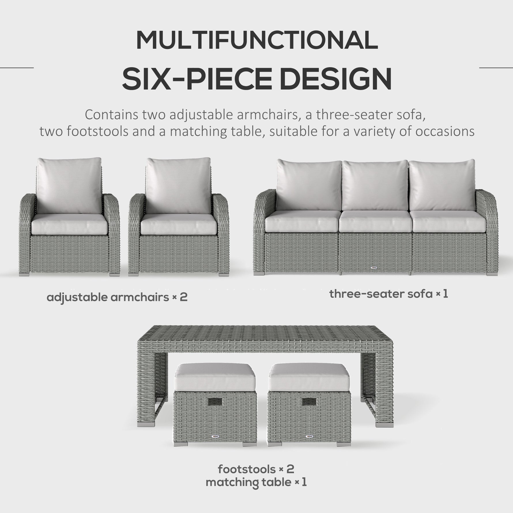 Six-piece Outdoor Rattan Dining Set, Outdoor Sofa Set With Reclining Armchairs And Mental Frame, Grey