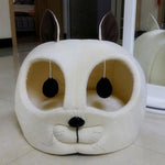 Cat-shaped pet bed, white plush dome with two round side openings and pom-pom nose
