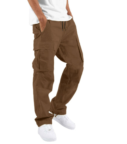 Men’s cargo pants, brown, multi-pocket cargo style, drawstring waist, straight leg