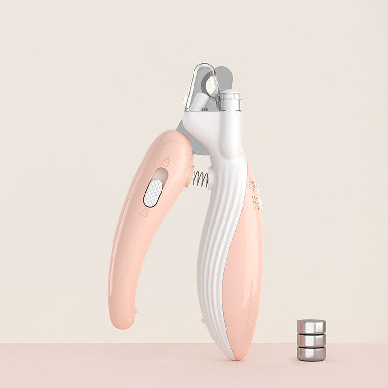 Pink pet LED nail grinder with clear safety guard and white arm