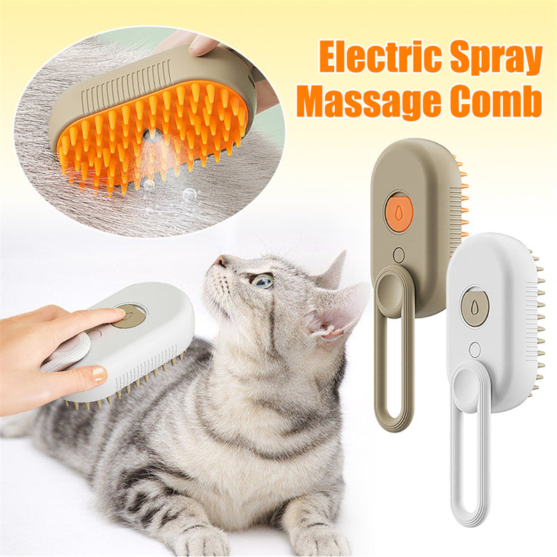 Electric steam pet brush with orange rubber bristles and white handle