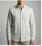 Men's striped button-up long-sleeve shirt with white and light blue vertical stripes