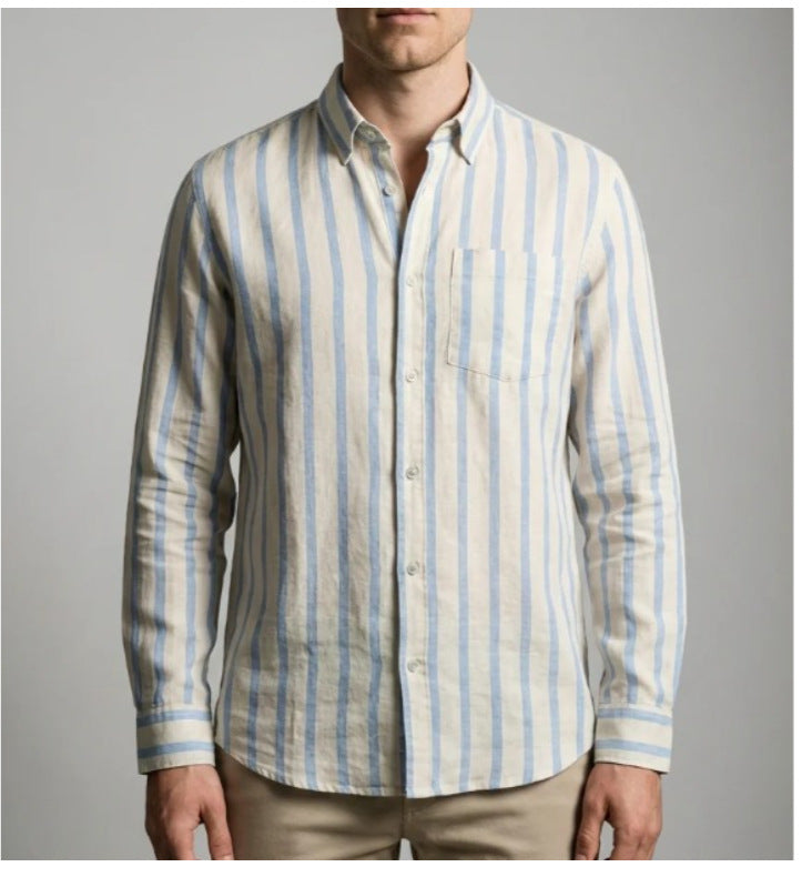 Men's striped button-up long-sleeve shirt with white and light blue vertical stripes