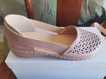 Lavender round-toe wedge sandals with laser-cut upper and stitched trim