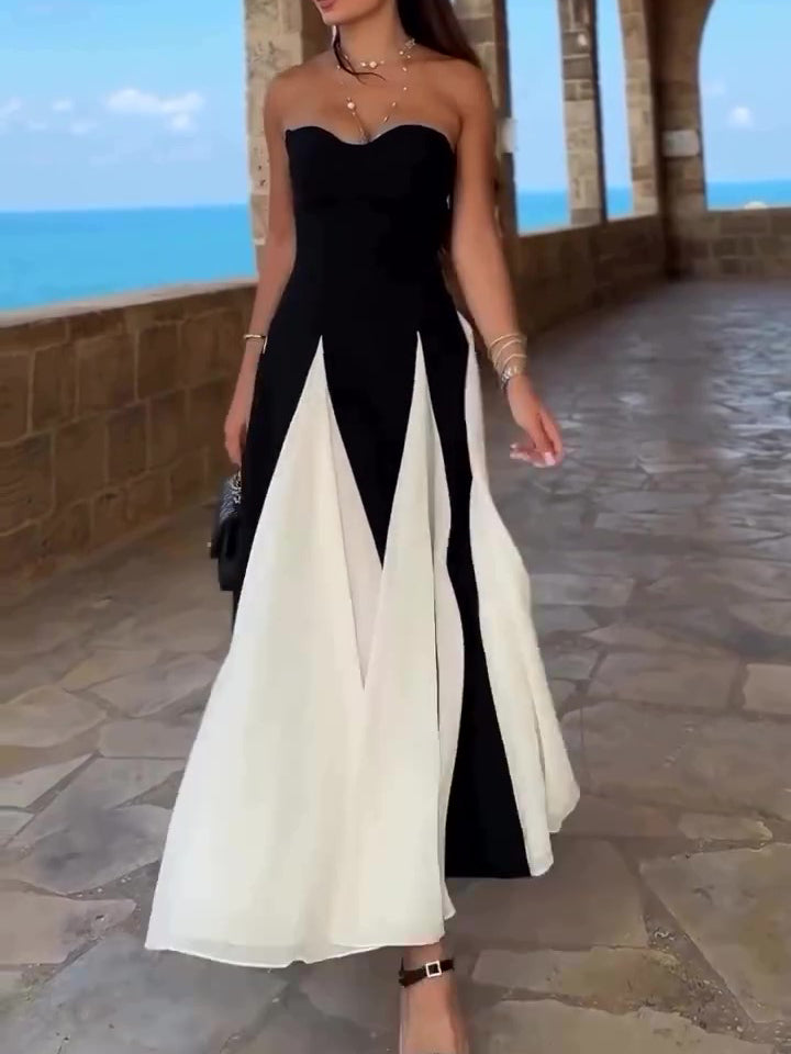 Black and white patchwork tube-top maxi dress with flared skirt panels