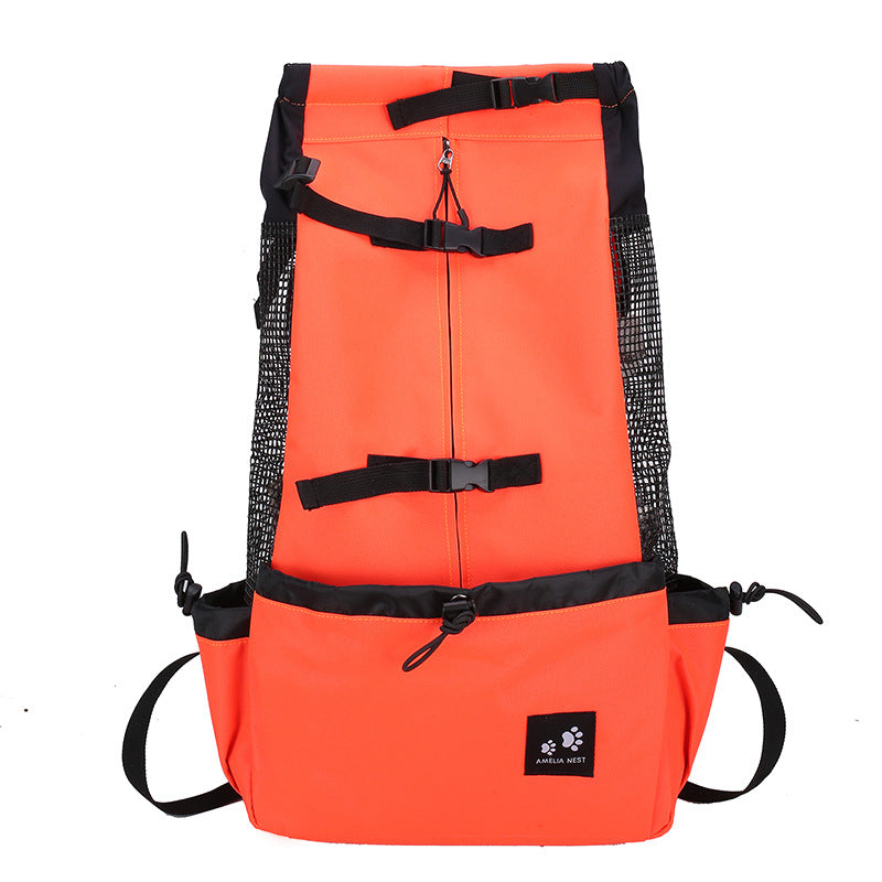 Orange dog carrier backpack with mesh side panels, front pouch, adjustable straps
