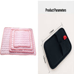 Pet cooling pad with bubble quilt texture, pink cover, pink piping, curved corners