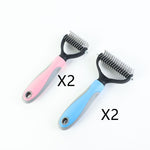 Pair of pink and blue pet grooming brushes with stainless steel pin combs