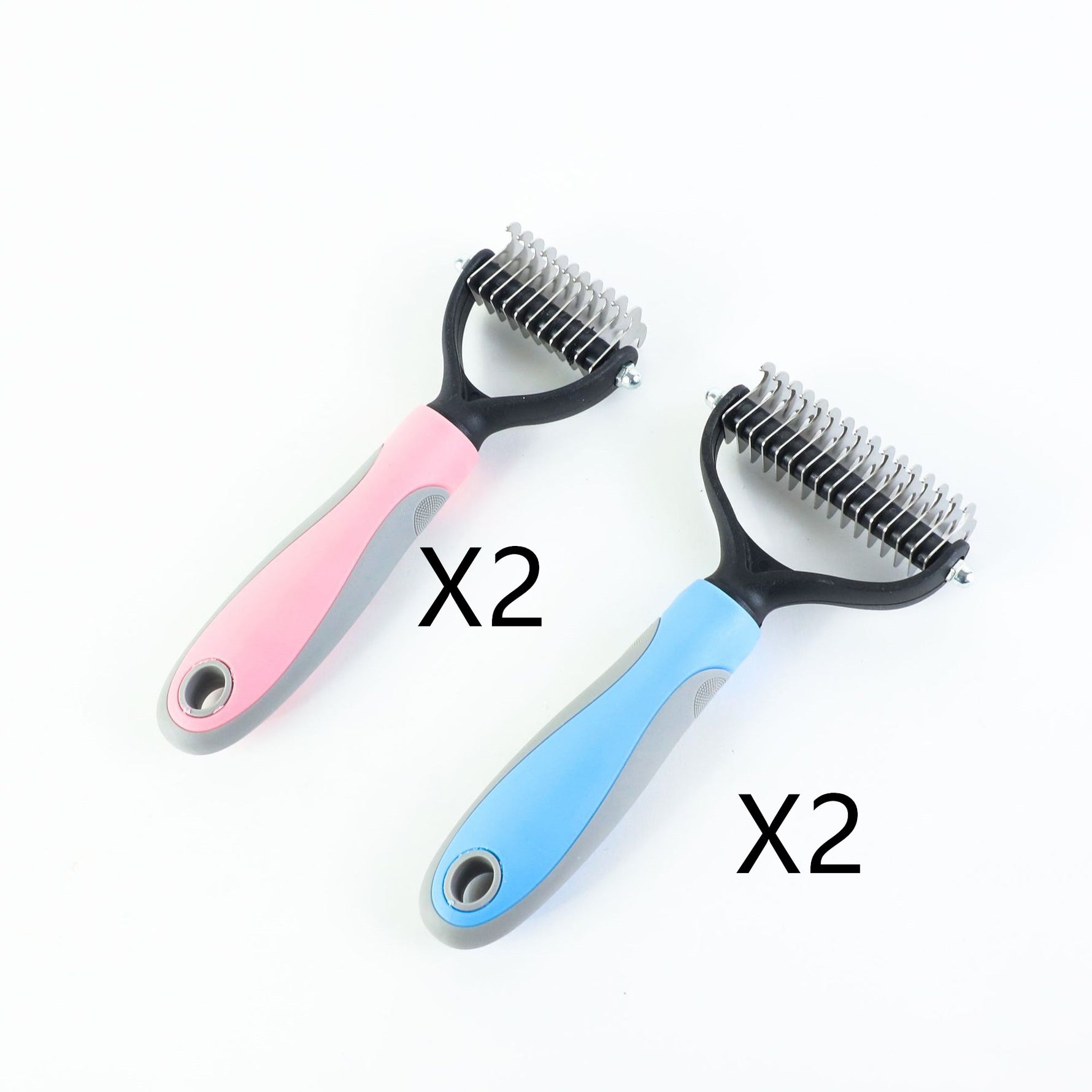 Pair of pink and blue pet grooming brushes with stainless steel pin combs