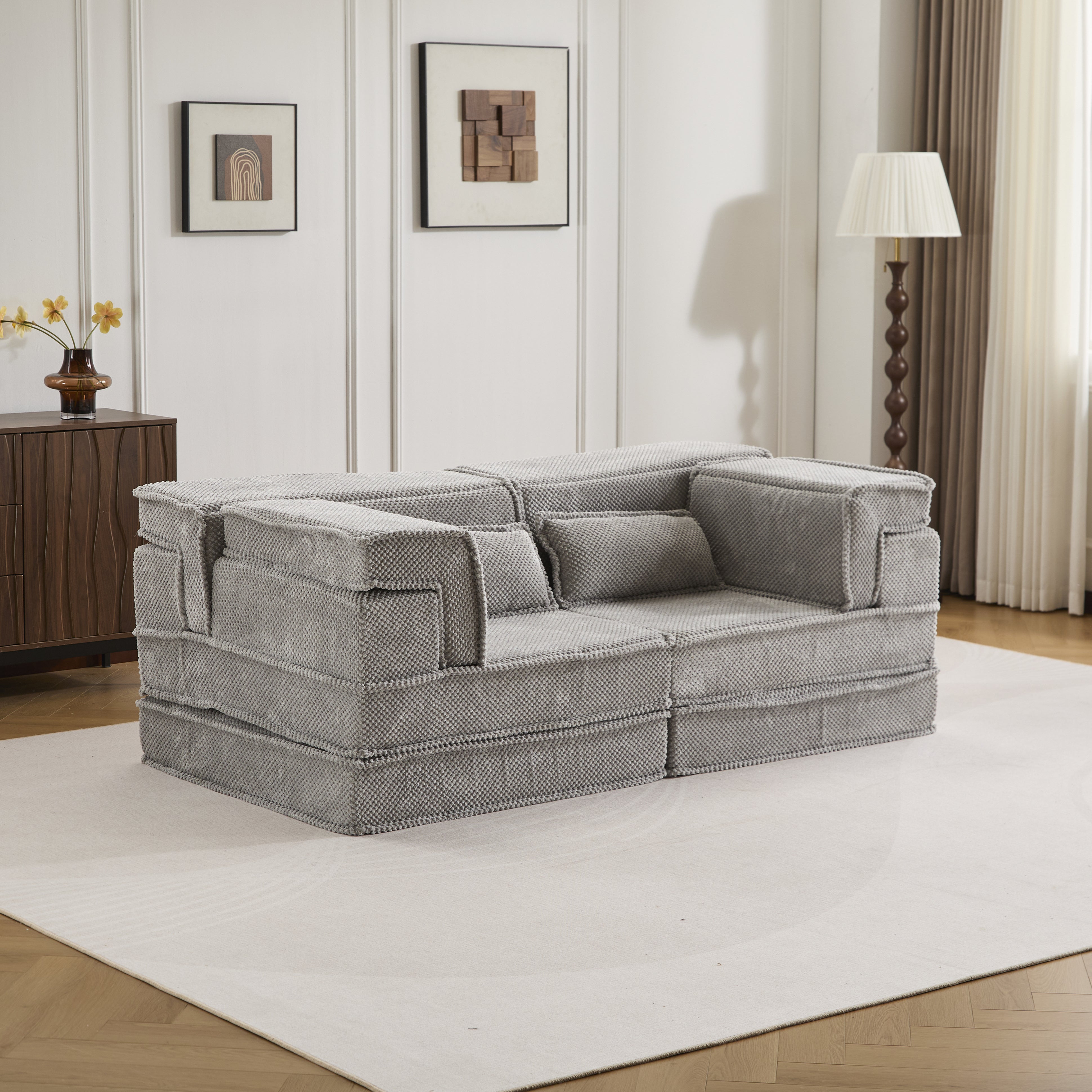 Sofá de Mahjong con compresión, sofá cama convertible de suelo, sofá seccional modular sin estructura DIY, no requiere montaje, tela polar circular, sofá biplaza moderno de gran tamaño, gris claro