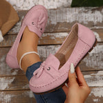 Women’s round toe loafers, pink slip-on with lace bow and contrast stitching