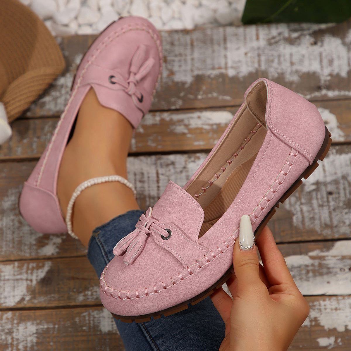 Women’s round toe loafers, pink slip-on with lace bow and contrast stitching