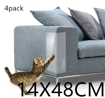 Gray sofa protector pad set for cat claws, clear PVC sheet on armrest