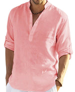 Men's cotton-linen stand-collar button shirt, light pink, short sleeves