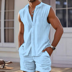 Men's light blue sleeveless crew-neck tank top and matching shorts set, button front