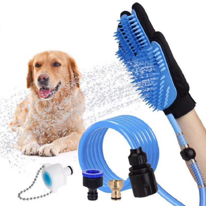 Handheld pet shower sprayer with blue silicone brush head and black wrist strap, plus hose