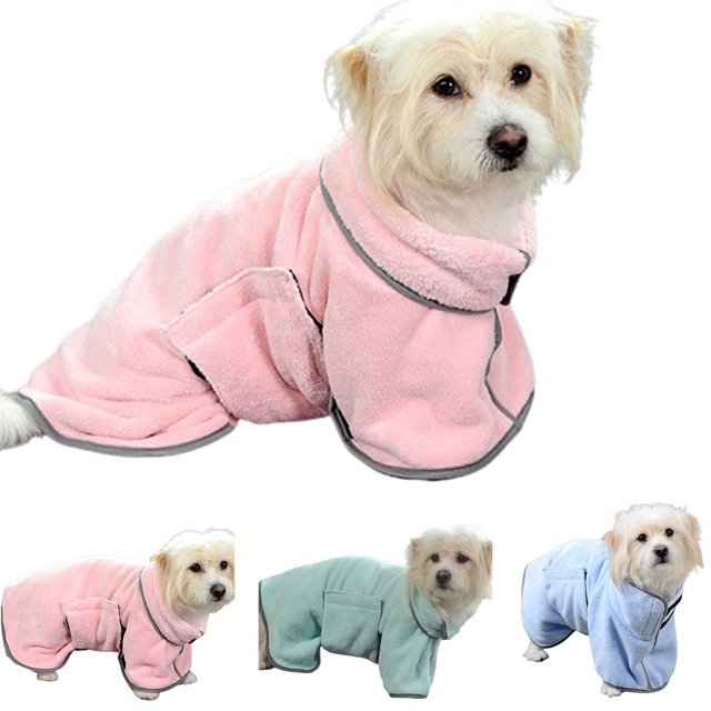 Pet microfiber absorbent towel bathrobe, pink with dark trim and hood opening