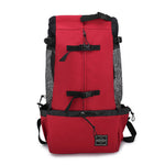 Red dog carrier backpack with mesh side panels, front pouch, adjustable shoulder straps