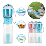 3-in-1 portable dog water bottle with blue water/food cup lid and carry strap
