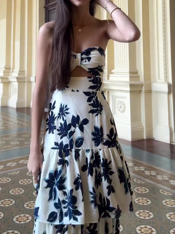 Strapless Ruffle Maxi Dress – Vibrant Print, Summer Vacation