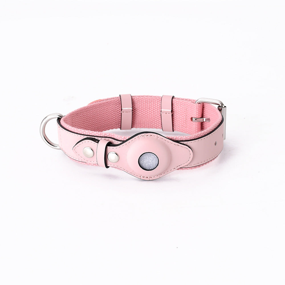 Pink leather pet collar tracker with protective pouch and metal buckle
