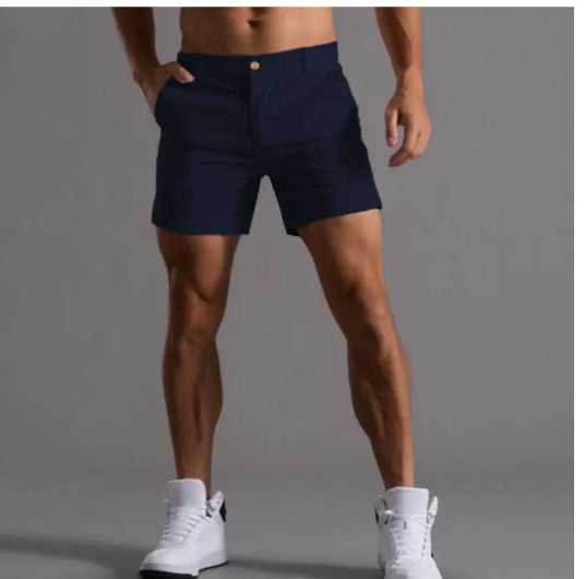 Men's navy cotton shorts with button front and side pockets