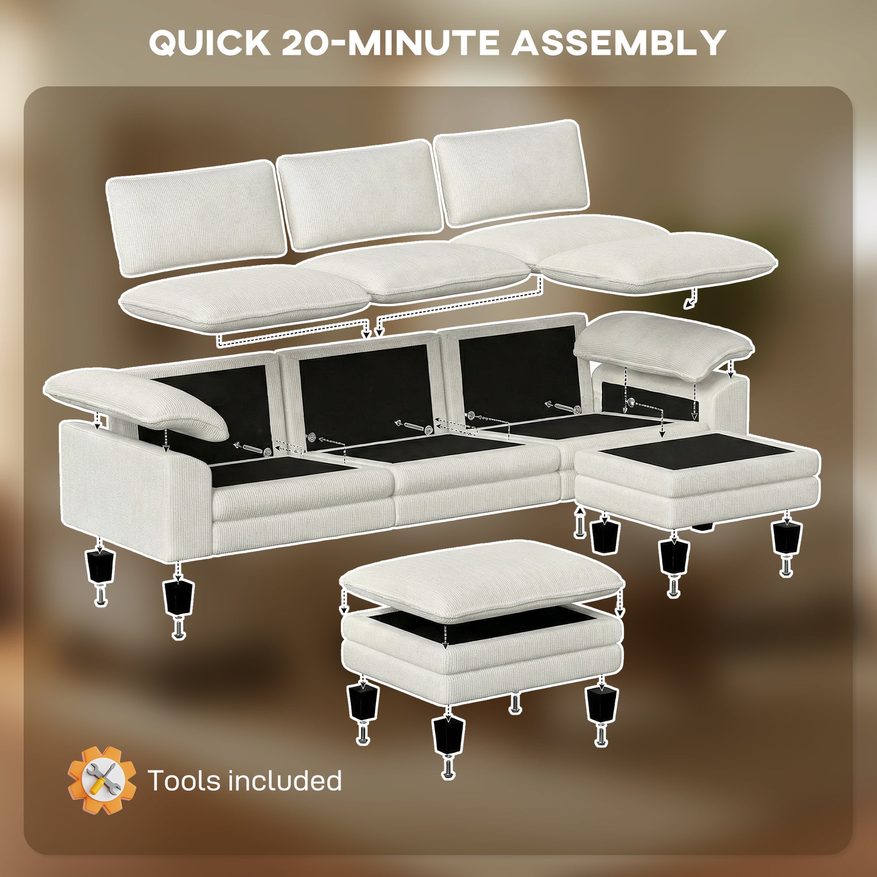 Sectional Sofa, L Shaped Couch with Deep Seat, Movable Ottoman and Pillow-top Armrests, Beige