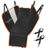 Black dog car seat cover hammock with orange trim, side pockets, and hanging safety straps