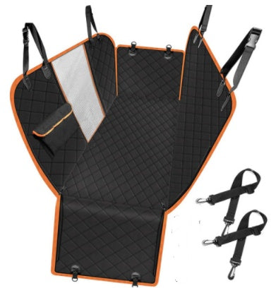 Black dog car seat cover hammock with orange trim, side pockets, and hanging safety straps