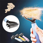 Pet grooming brush with blue handle and dense stainless steel dematting pins